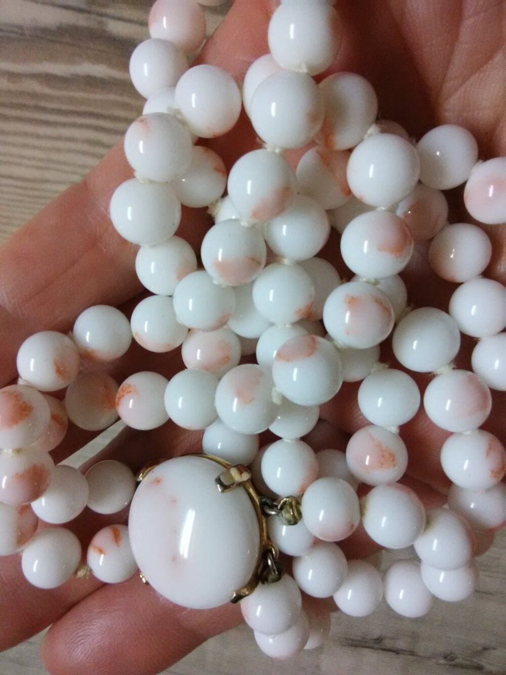 Castlecliff milk glass two strand necklace - white beads w/ pink / blush spots - Picture 10 of 14